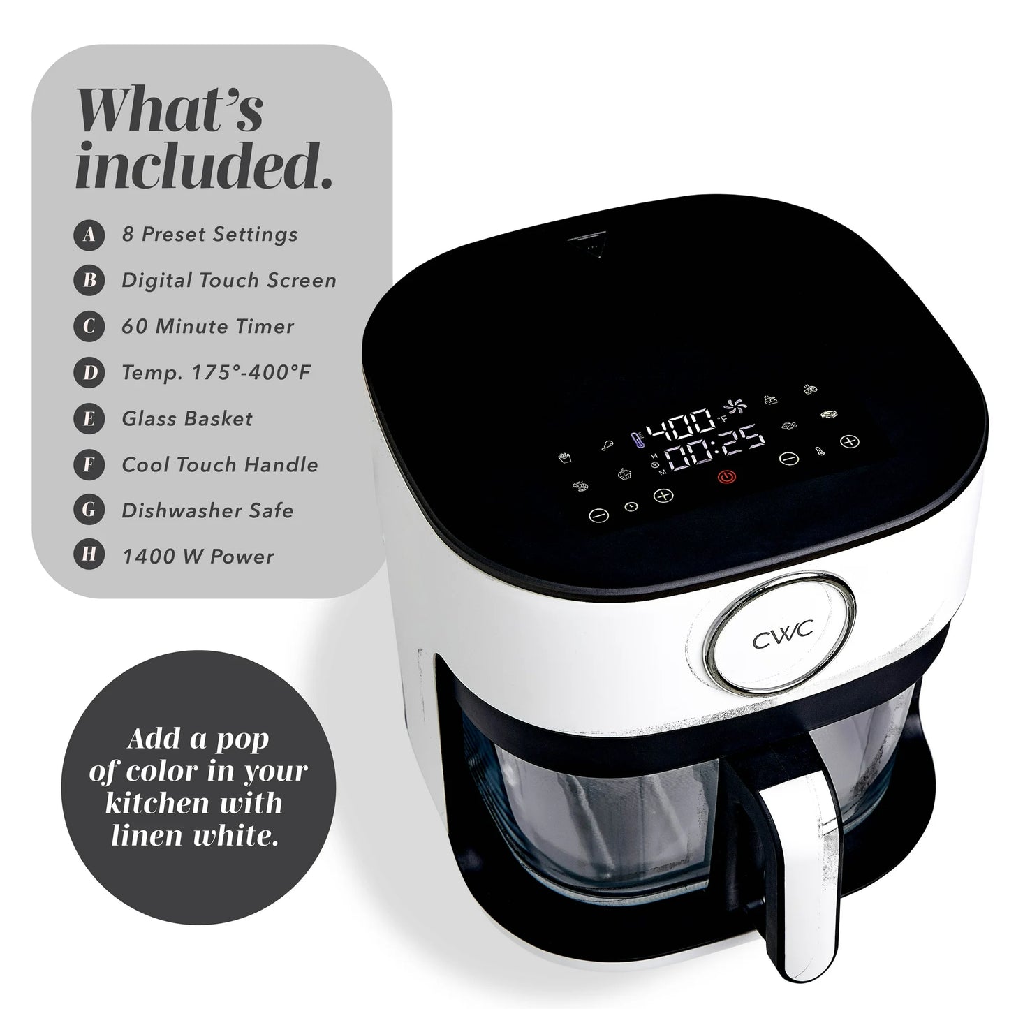 Cook With Color Air Fryer, 5.5Qt Glass Air Fryer, 1400W, 8 Presets, White