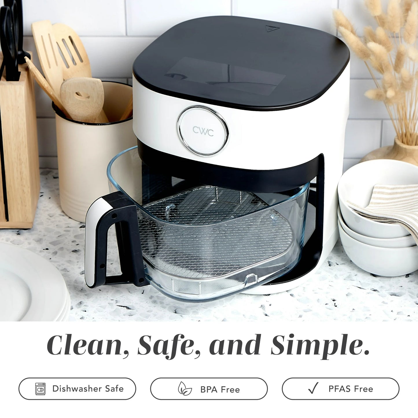 Cook With Color Air Fryer, 5.5Qt Glass Air Fryer, 1400W, 8 Presets, White