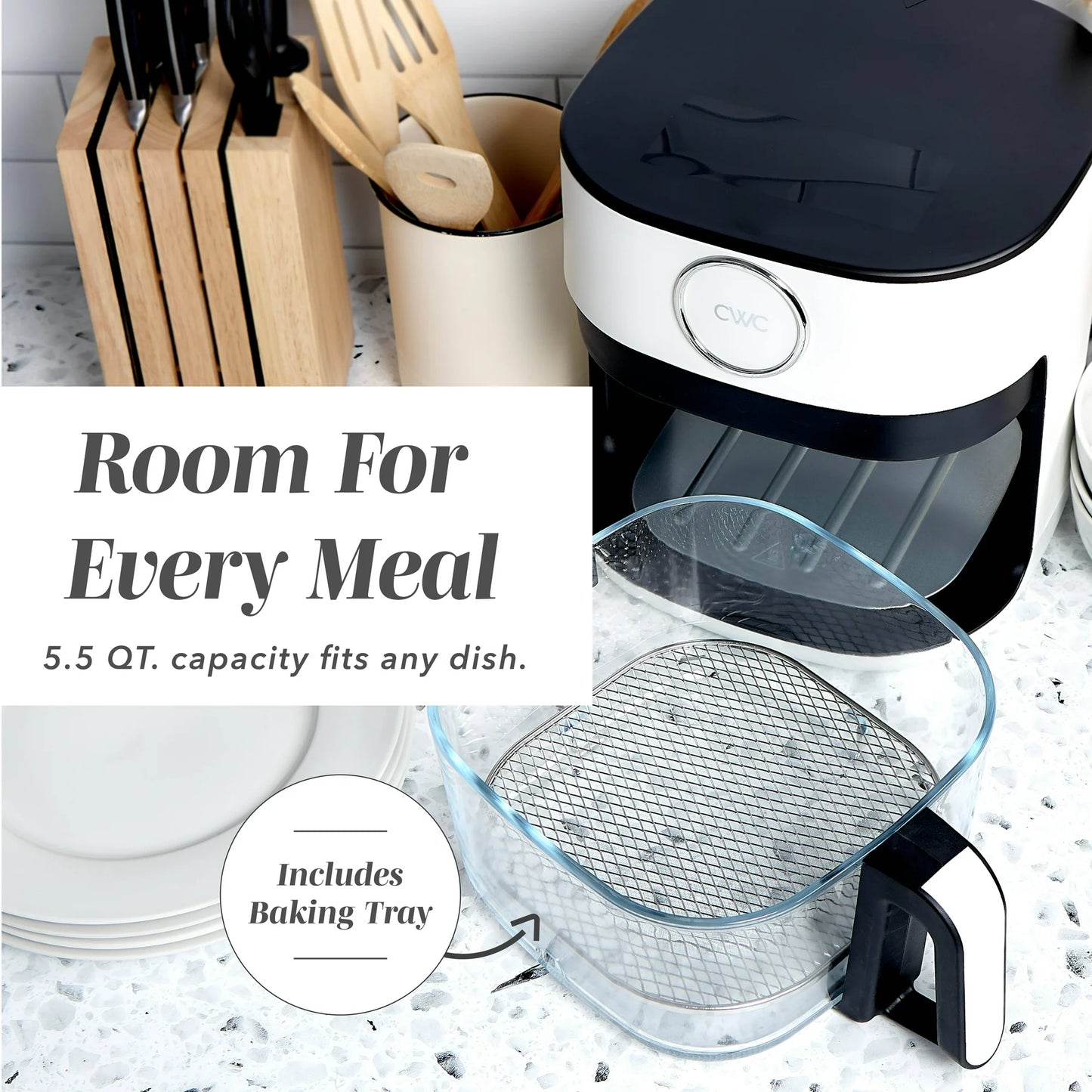 Cook With Color Air Fryer, 5.5Qt Glass Air Fryer, 1400W, 8 Presets, White