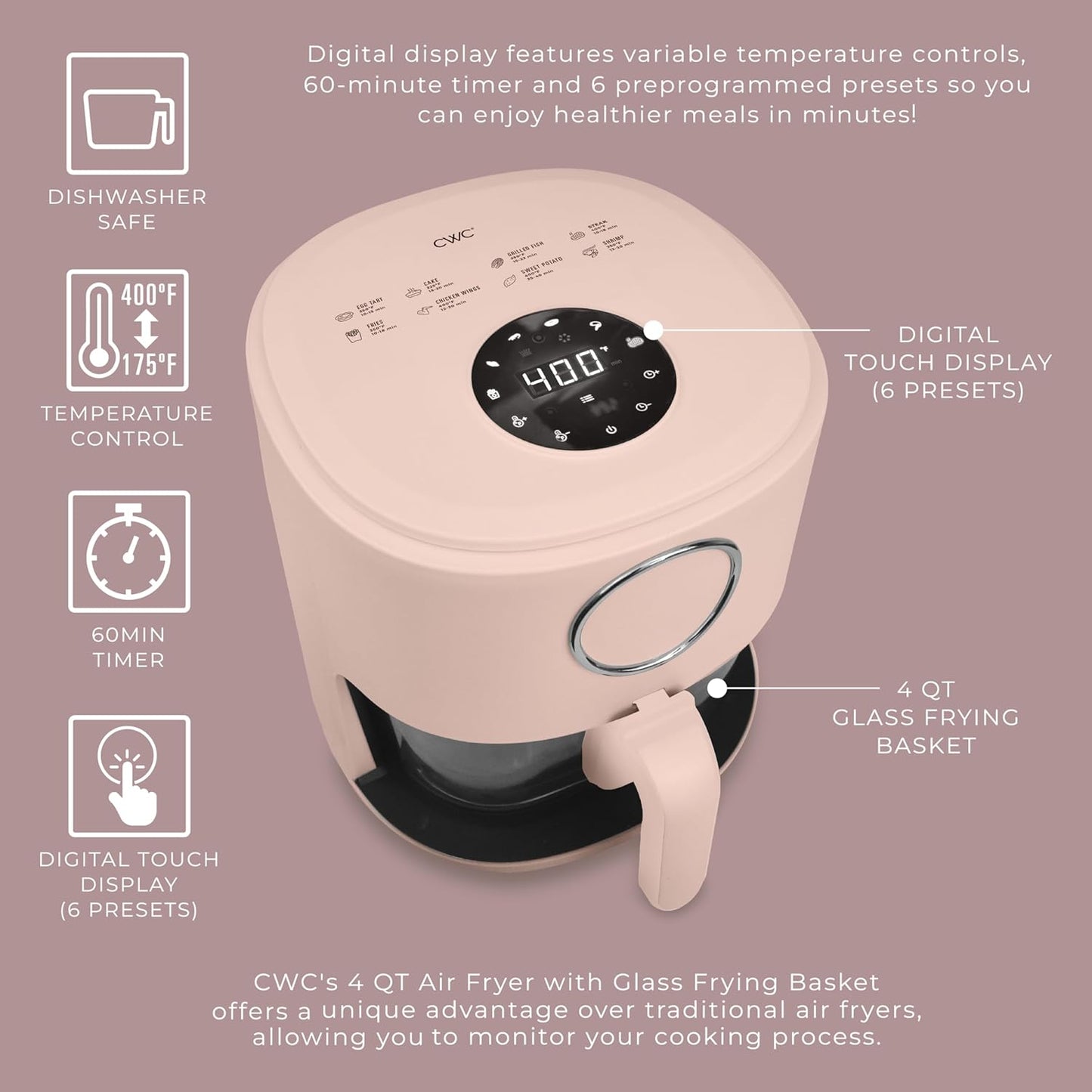 Cook with Color 1200W 4Qt-5.2Qt Air Fryer: Stylish Design, Glass Basket, Dishwasher Safe, Digital Display, 6 Presets - Variable Temp 175°F to 400°F & 60-Min Timer