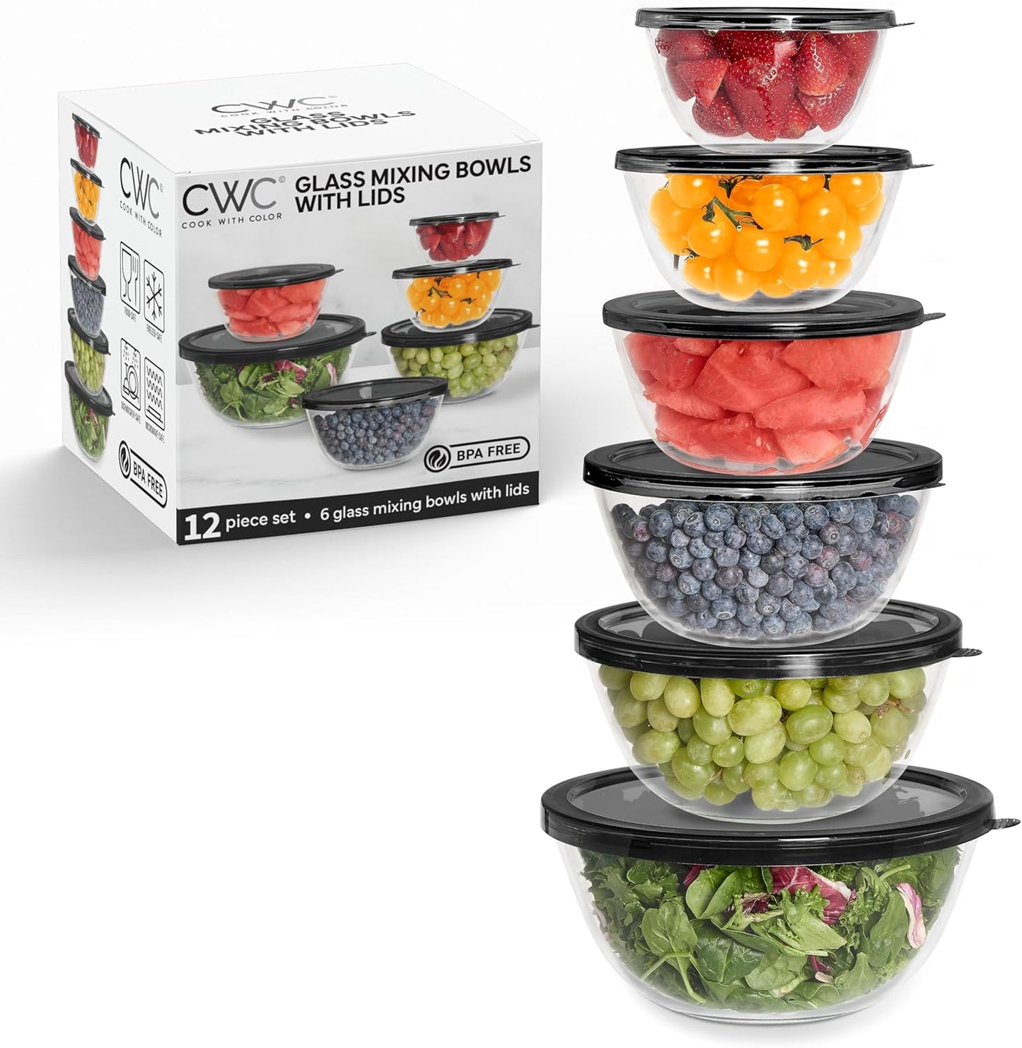 COOK WITH COLOR 12 Pc Glass Mixing Bowl Set with Lids – Borosilicate Glass Nesting Bowls for Cooking, Baking and Meal Prep