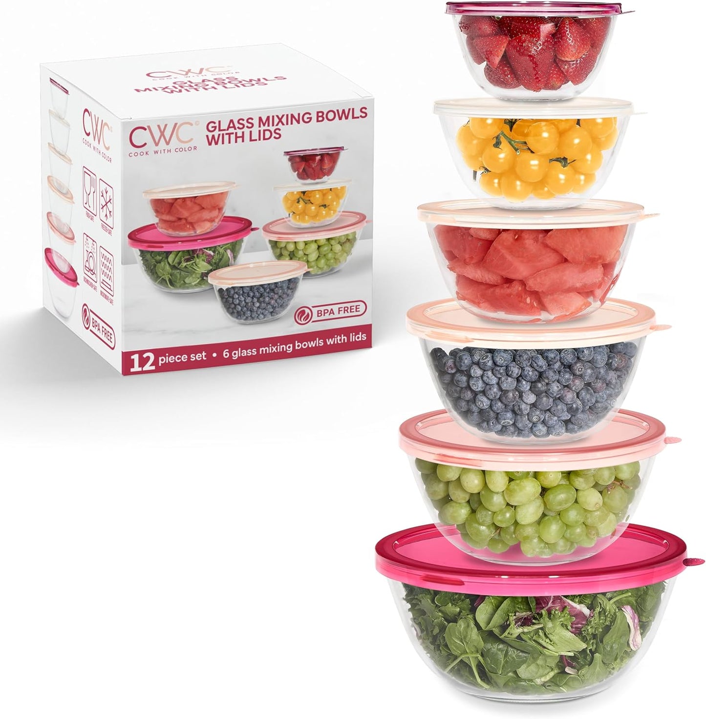 COOK WITH COLOR 12 Pc Glass Mixing Bowl Set with Lids – Borosilicate Glass Nesting Bowls for Cooking, Baking and Meal Prep