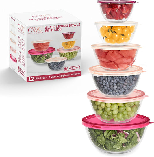 COOK WITH COLOR 12 Pc Glass Mixing Bowl Set with Lids – Borosilicate Glass Nesting Bowls for Cooking, Baking and Meal Prep
