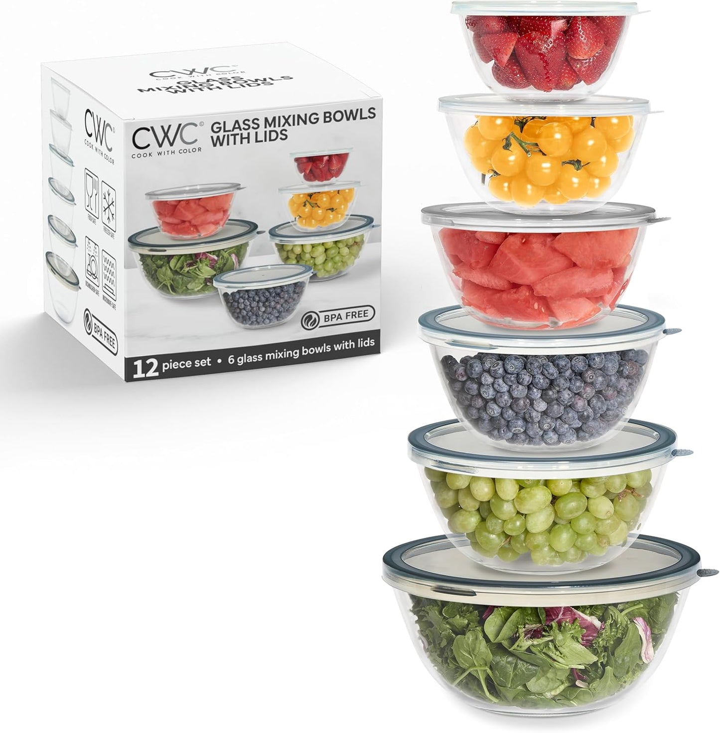 COOK WITH COLOR 12 Pc Glass Mixing Bowl Set with Lids – Borosilicate Glass Nesting Bowls for Cooking, Baking and Meal Prep