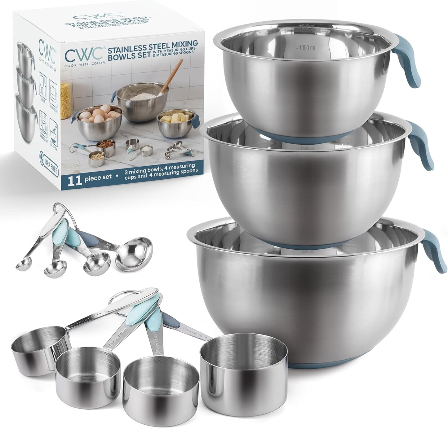 COOK WITH COLOR Stainless Steel Mixing Bowls Set and Measuring Cups- Nesting Bowls with Non-Slip Bottom and Easy-Grip Handles, Rose, 11 Pieces