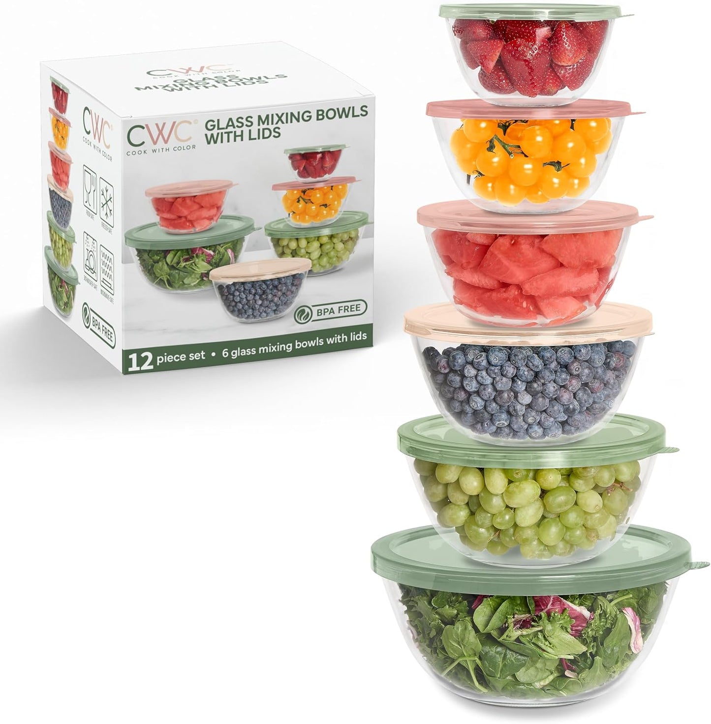 COOK WITH COLOR 12 Pc Glass Mixing Bowl Set with Lids – Borosilicate Glass Nesting Bowls for Cooking, Baking and Meal Prep