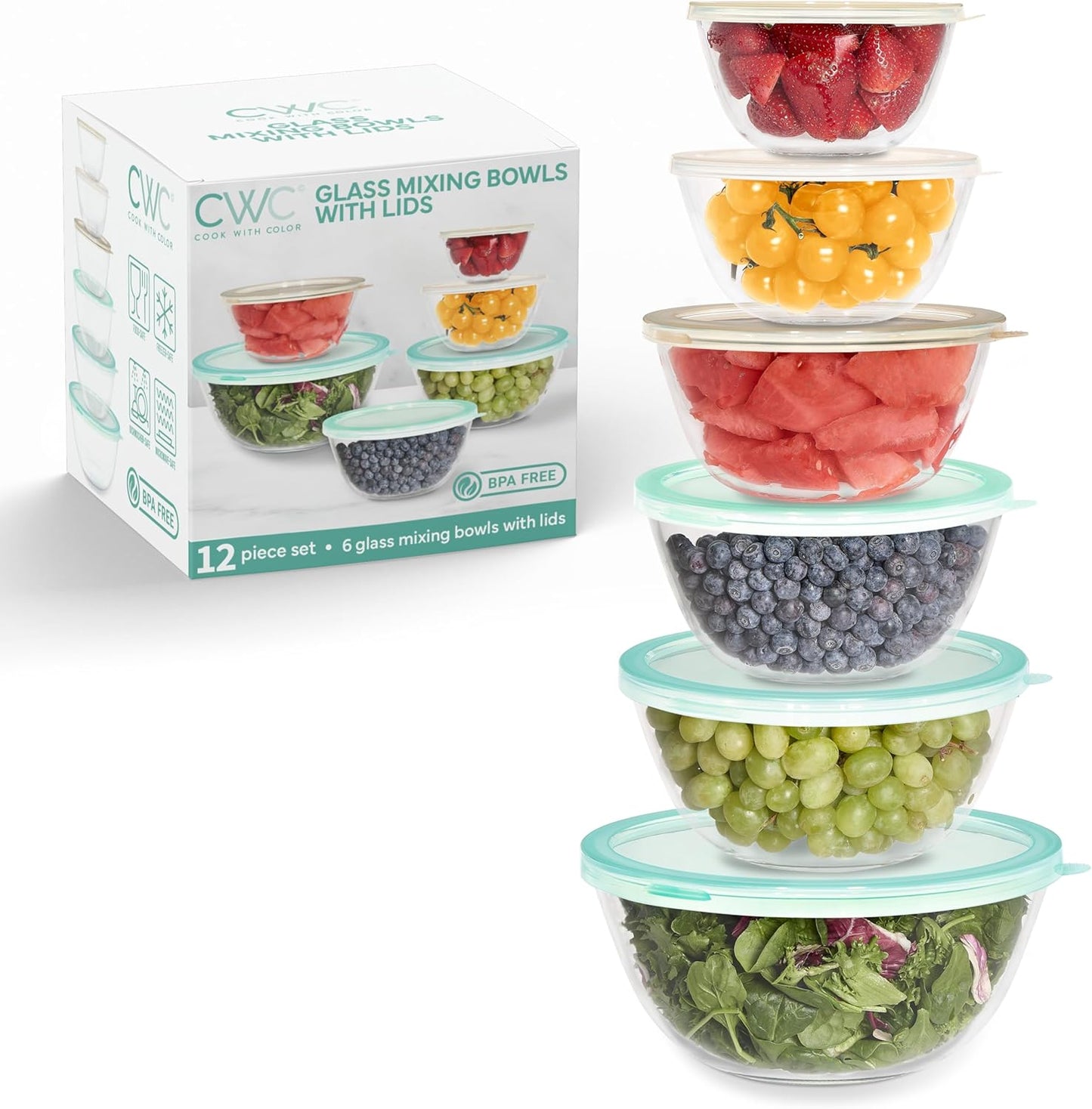 COOK WITH COLOR 12 Pc Glass Mixing Bowl Set with Lids – Borosilicate Glass Nesting Bowls for Cooking, Baking and Meal Prep