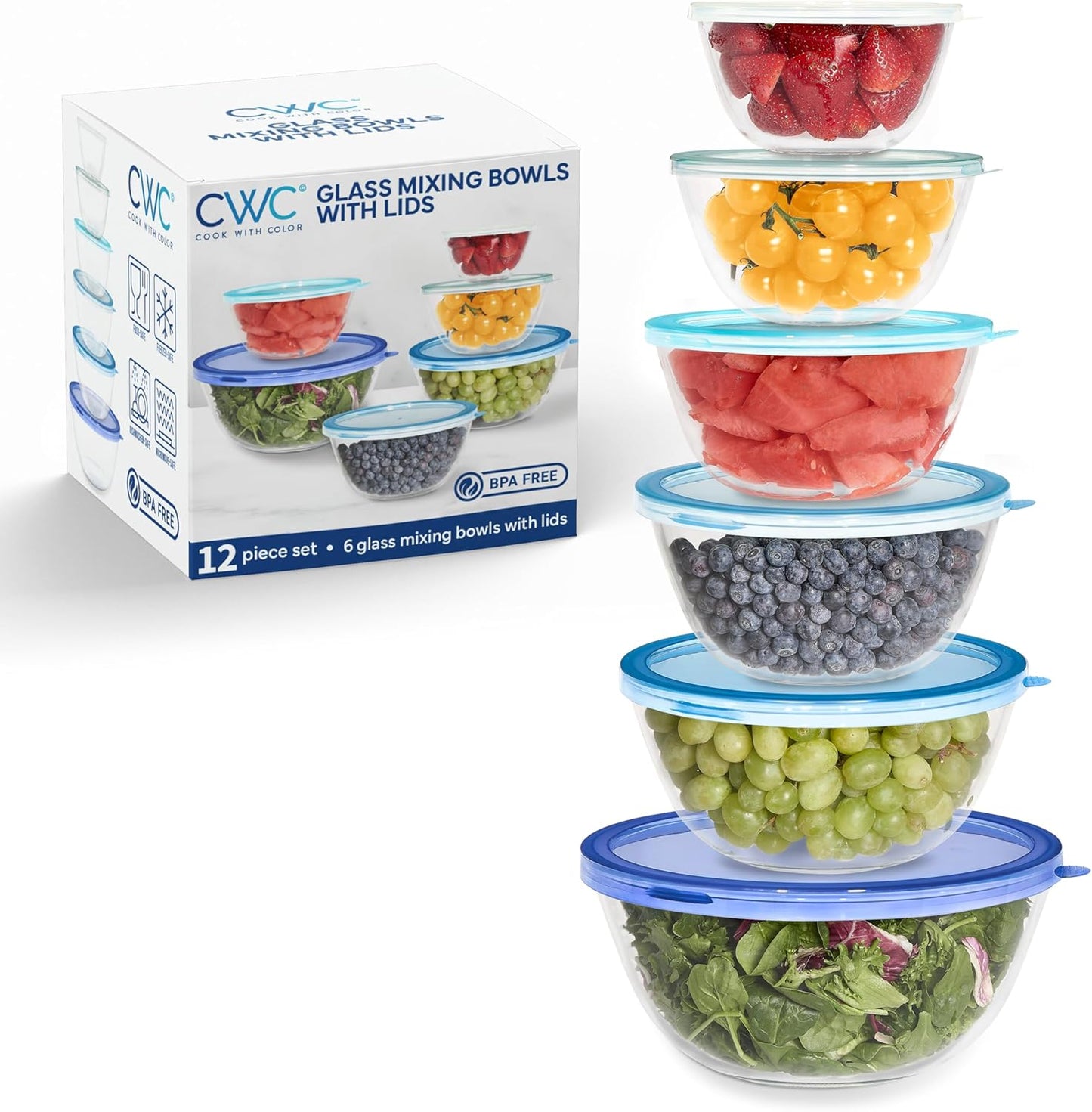 COOK WITH COLOR 12 Pc Glass Mixing Bowl Set with Lids – Borosilicate Glass Nesting Bowls for Cooking, Baking and Meal Prep