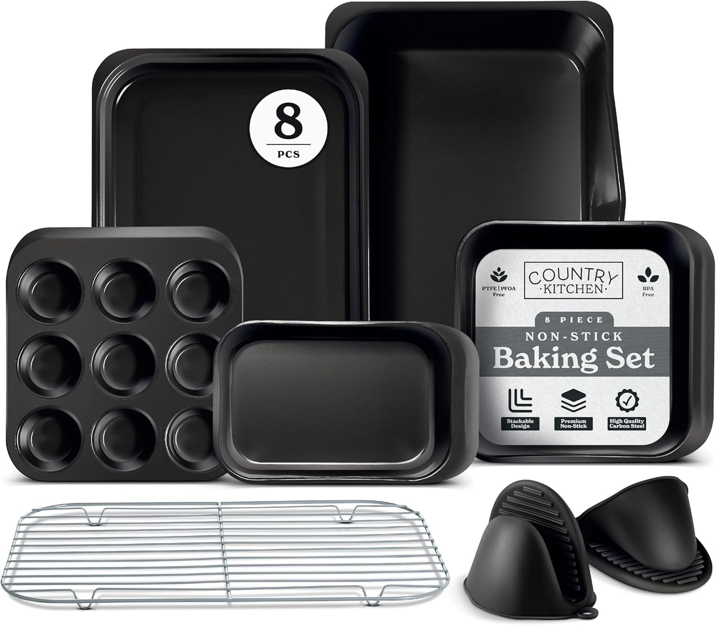 Country Kitchen Nonstick Stackable Bakeware Set - Deluxe Heavy Duty, Durable, Easy Release Baking Set, 8 Pcs