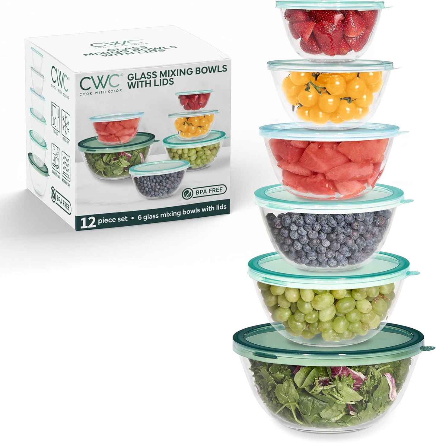 COOK WITH COLOR 12 Pc Glass Mixing Bowl Set with Lids – Borosilicate Glass Nesting Bowls for Cooking, Baking and Meal Prep