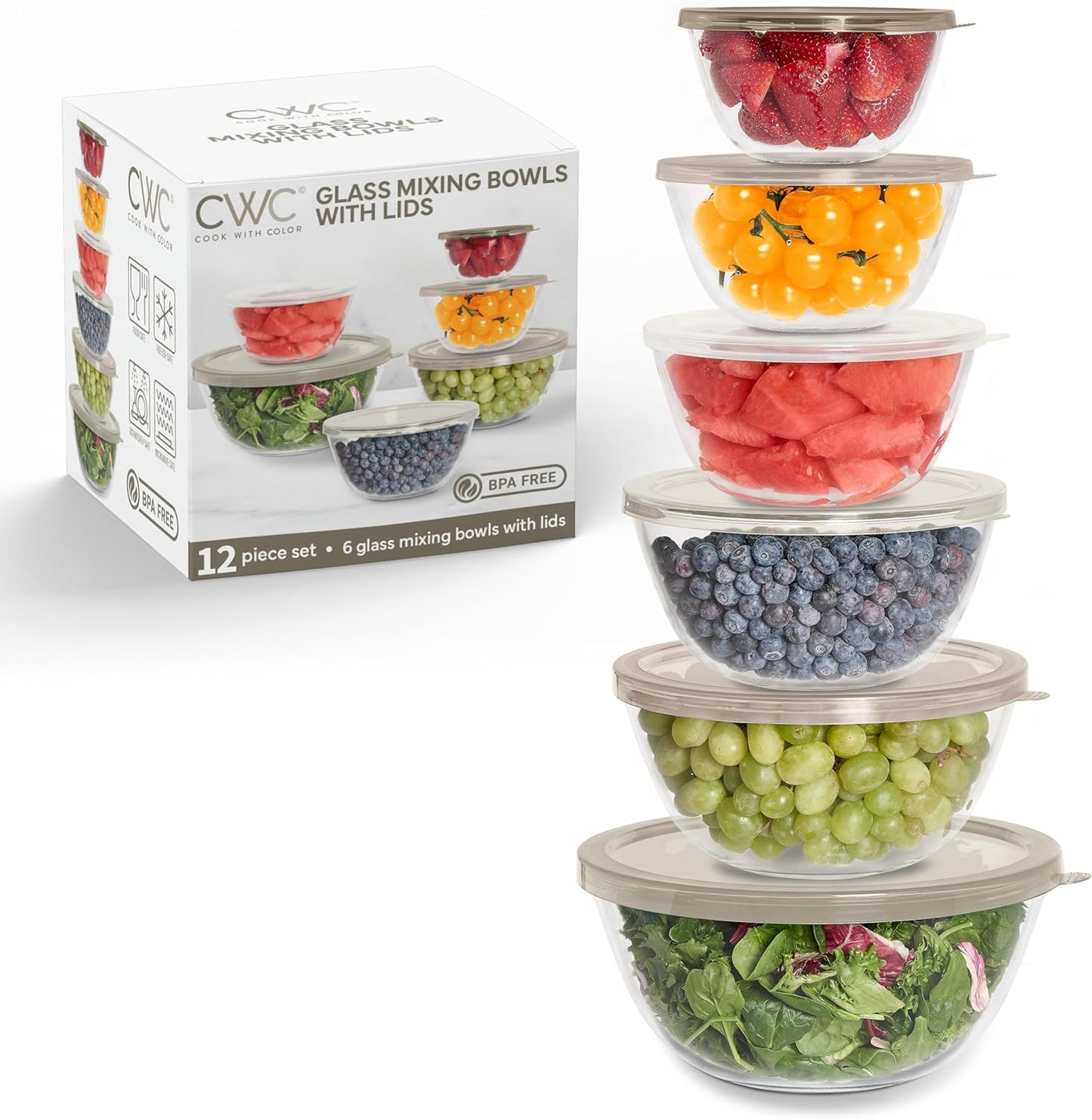 COOK WITH COLOR 12 Pc Glass Mixing Bowl Set with Lids – Borosilicate Glass Nesting Bowls for Cooking, Baking and Meal Prep