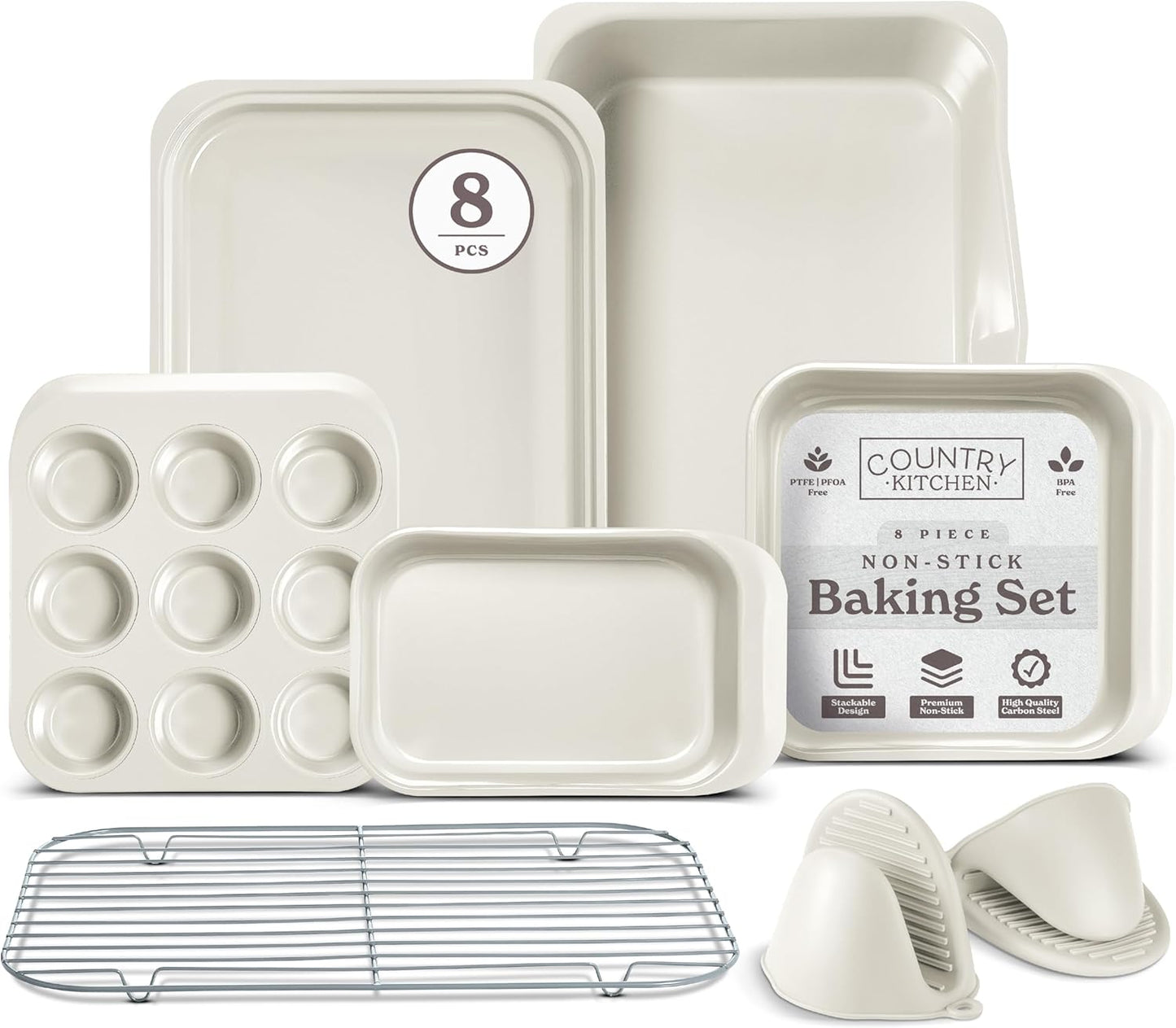 Country Kitchen Nonstick Stackable Bakeware Set - Deluxe Heavy Duty, Durable, Easy Release Baking Set, 8 Pcs