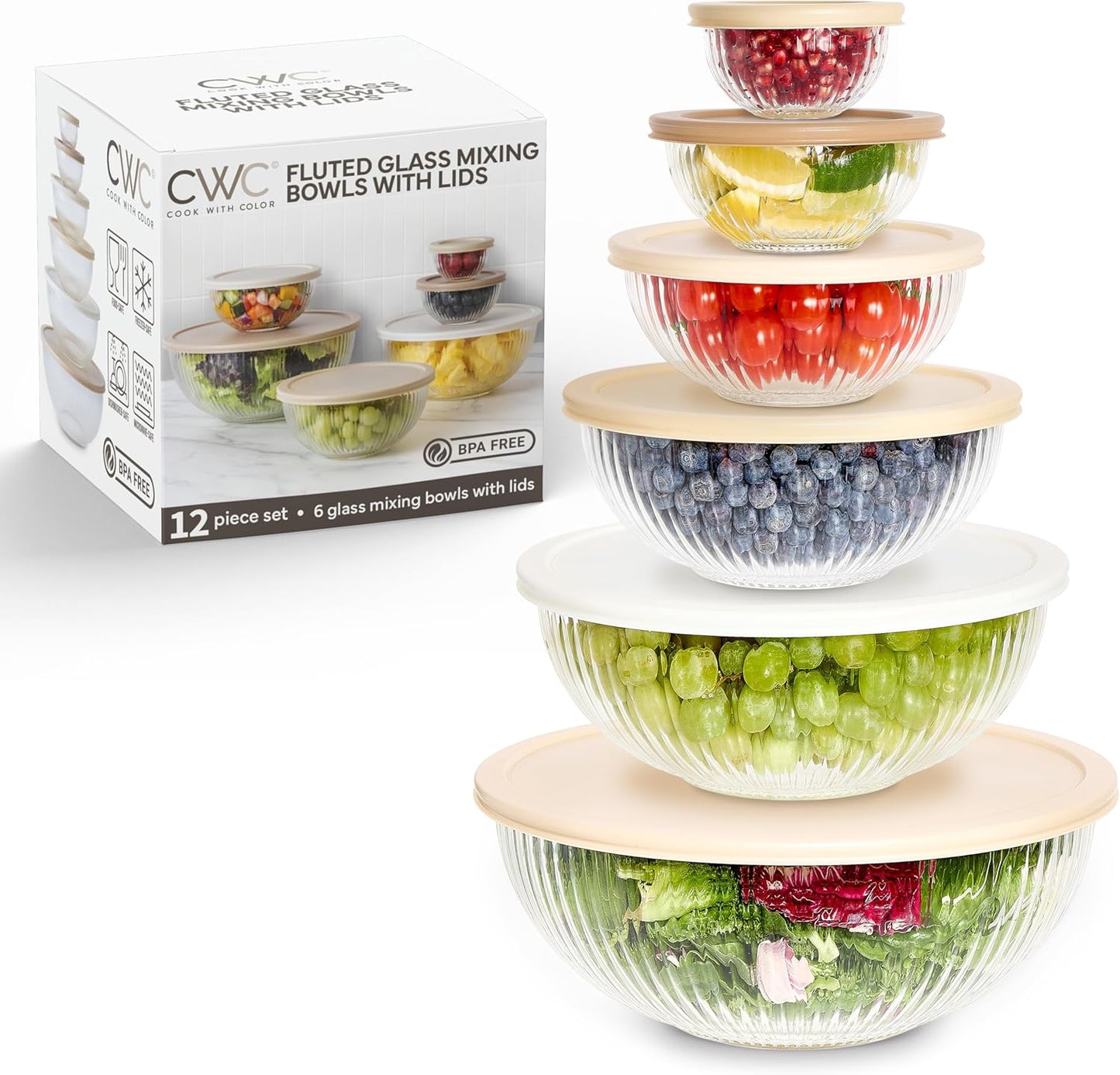 COOK WITH COLOR 12 Pc Glass Mixing Bowl Set with Lids – Borosilicate Glass Nesting Bowls for Cooking, Baking and Meal Prep