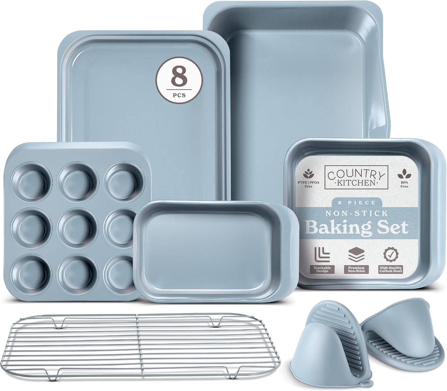 Country Kitchen Nonstick Stackable Bakeware Set - Deluxe Heavy Duty, Durable, Easy Release Baking Set, 8 Pcs