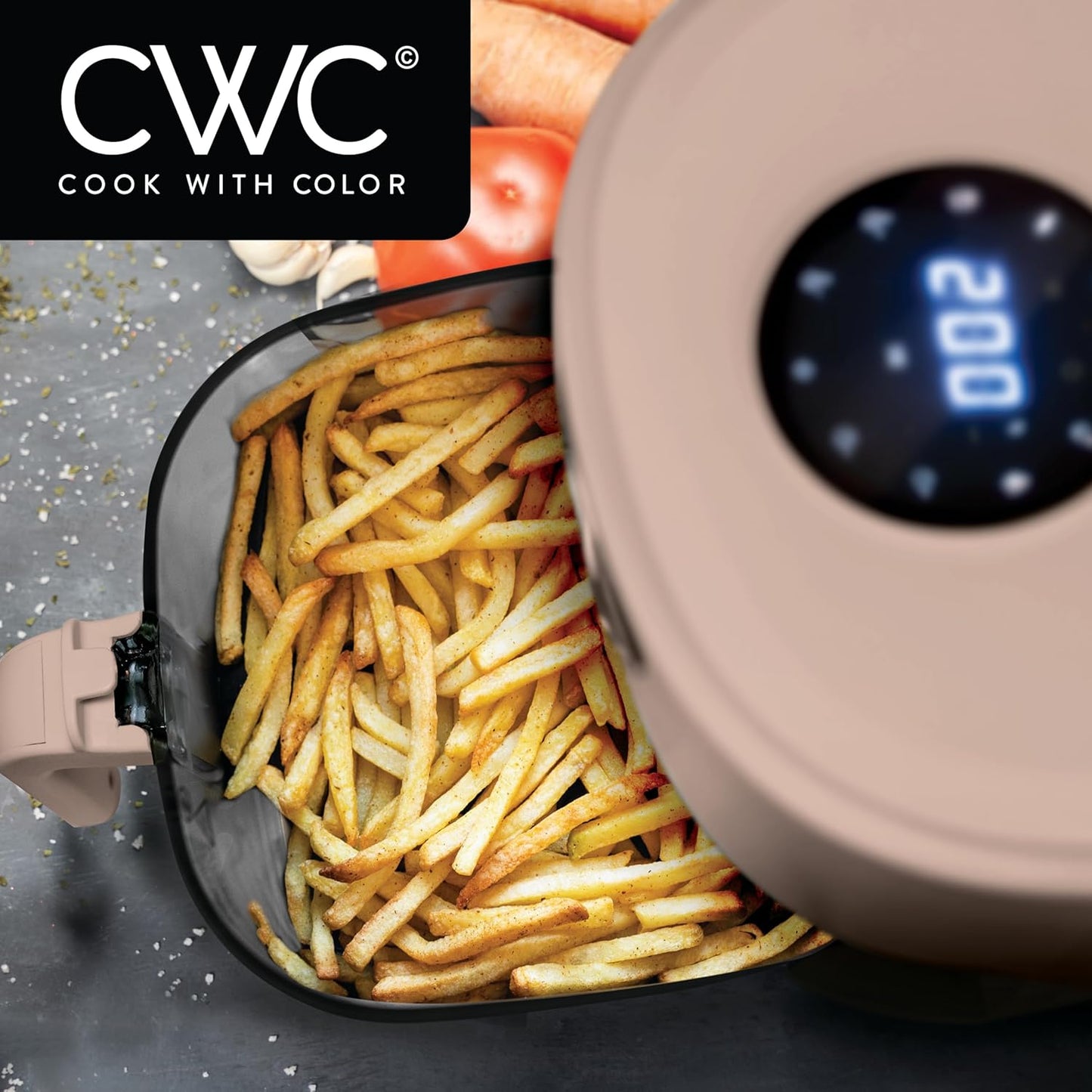 Cook with Color 1200W 4Qt-5.2Qt Air Fryer: Stylish Design, Glass Basket, Dishwasher Safe, Digital Display, 6 Presets - Variable Temp 175°F to 400°F & 60-Min Timer