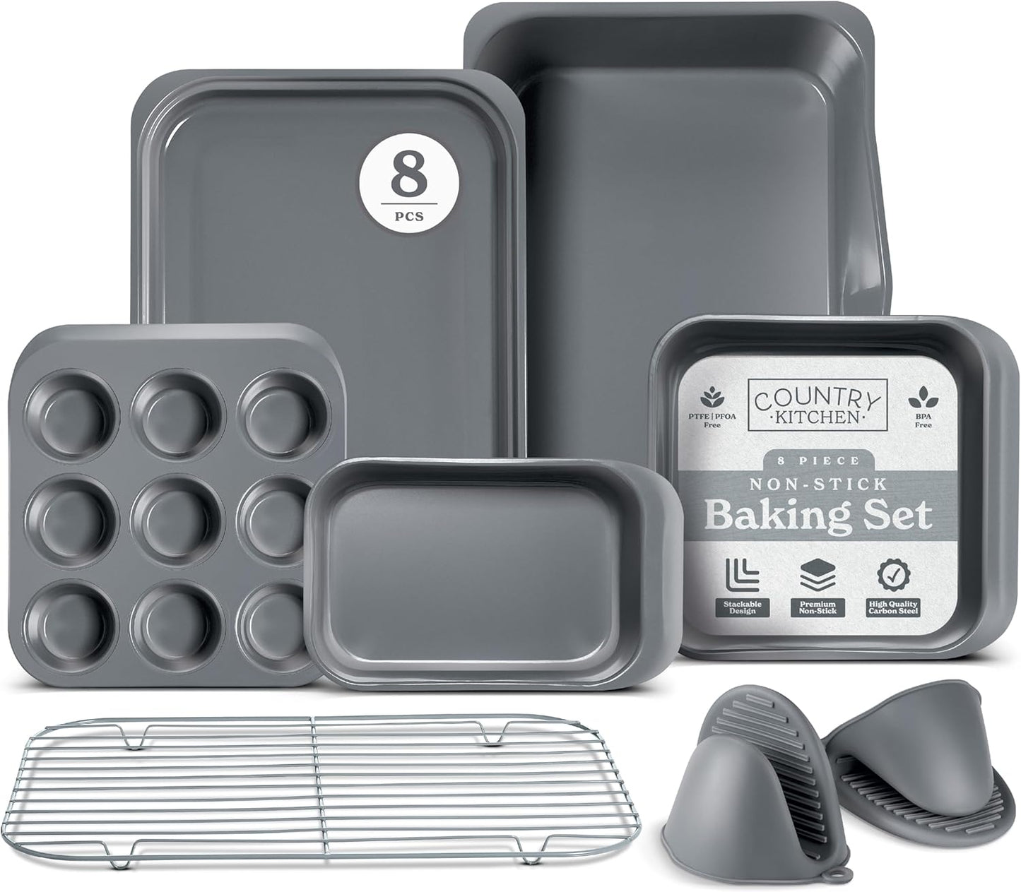Country Kitchen Nonstick Stackable Bakeware Set - Deluxe Heavy Duty, Durable, Easy Release Baking Set, 8 Pcs