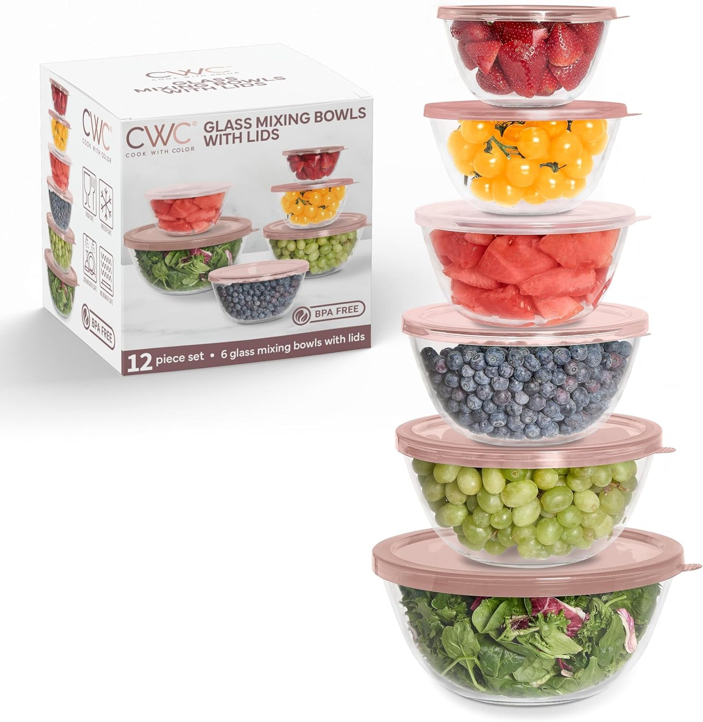 COOK WITH COLOR 12 Pc Glass Mixing Bowl Set with Lids – Borosilicate Glass Nesting Bowls for Cooking, Baking and Meal Prep