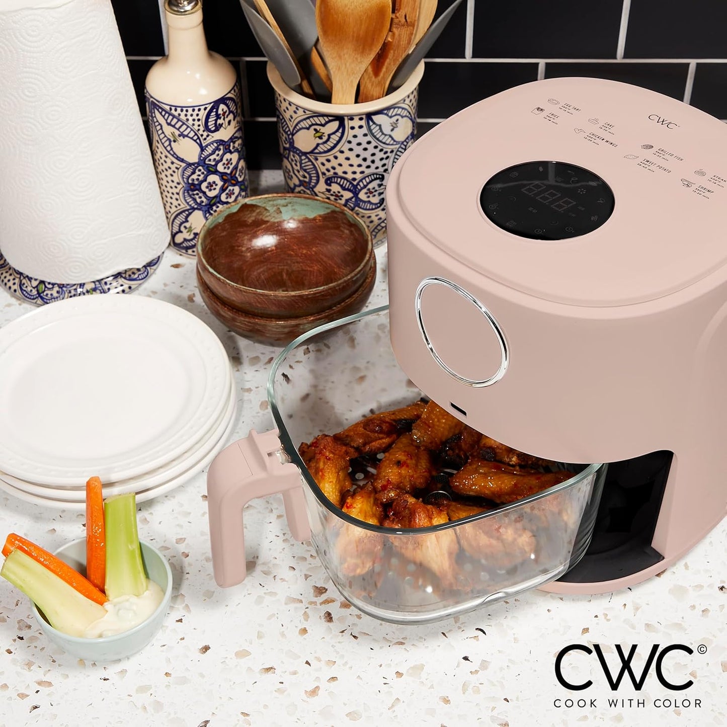Cook with Color 1200W 4Qt-5.2Qt Air Fryer: Stylish Design, Glass Basket, Dishwasher Safe, Digital Display, 6 Presets - Variable Temp 175°F to 400°F & 60-Min Timer