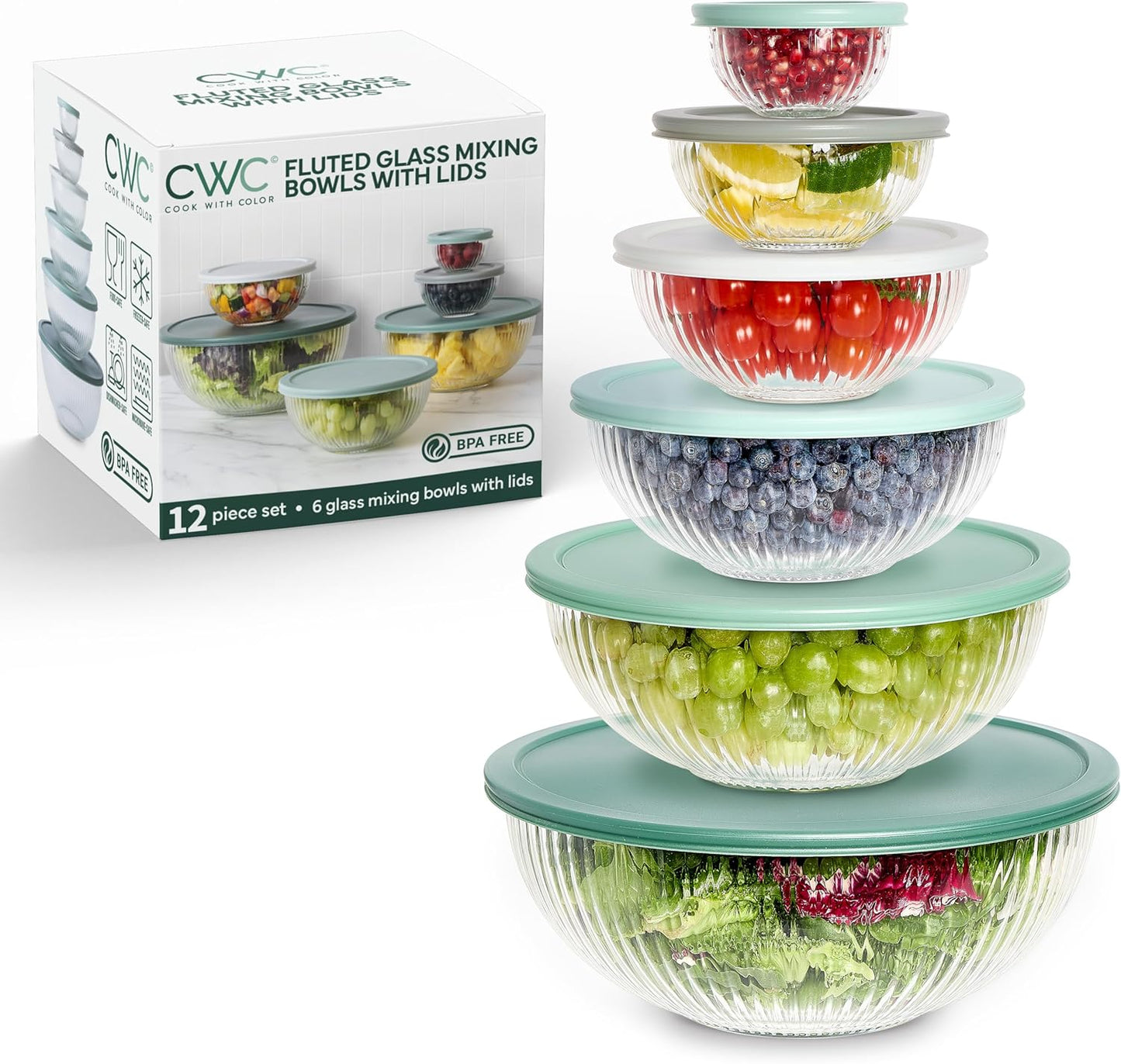 COOK WITH COLOR 12 Pc Glass Mixing Bowl Set with Lids – Borosilicate Glass Nesting Bowls for Cooking, Baking and Meal Prep