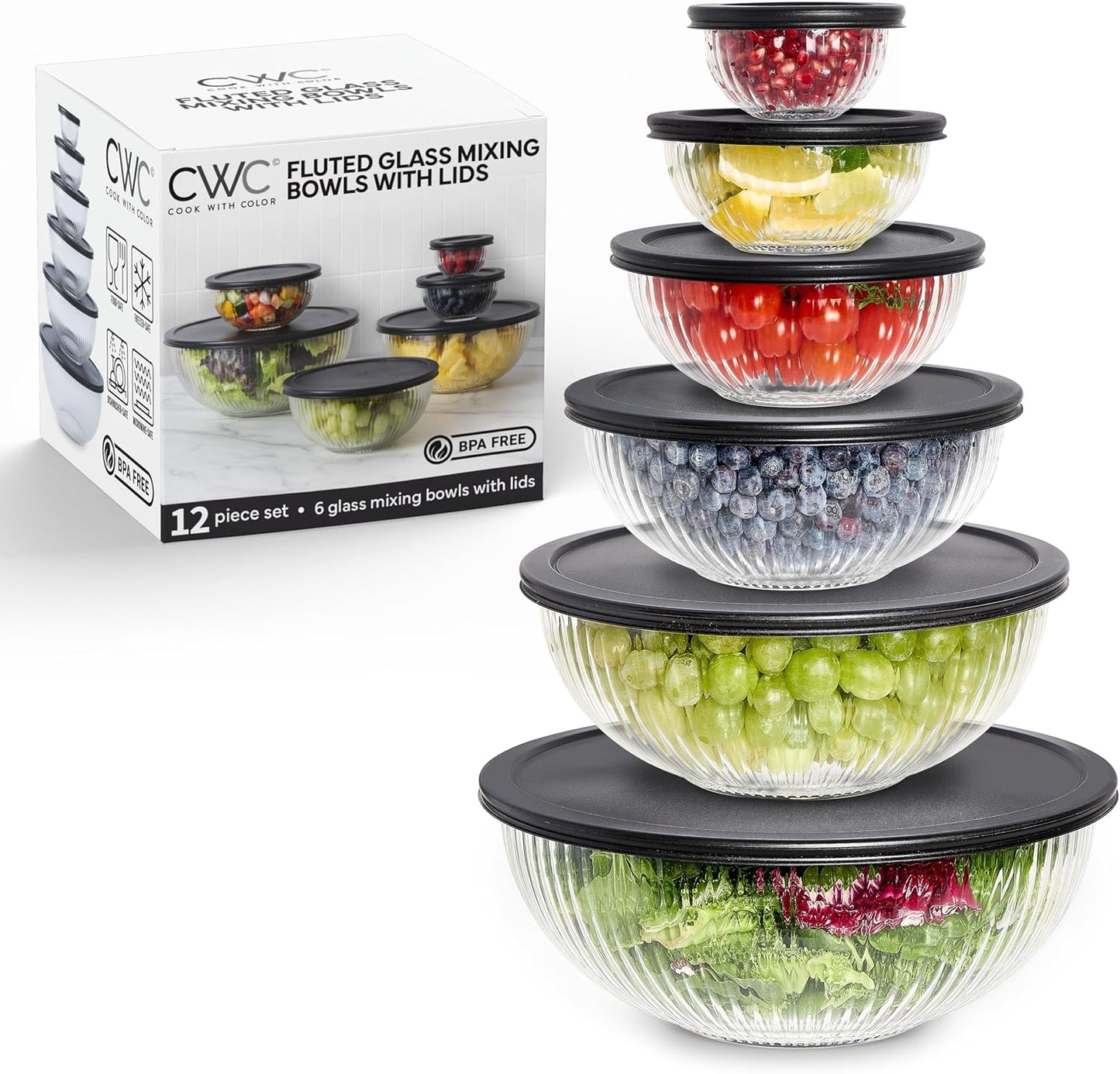 COOK WITH COLOR 12 Pc Glass Mixing Bowl Set with Lids – Borosilicate Glass Nesting Bowls for Cooking, Baking and Meal Prep