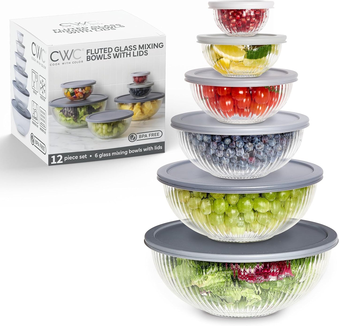 COOK WITH COLOR 12 Pc Glass Mixing Bowl Set with Lids – Borosilicate Glass Nesting Bowls for Cooking, Baking and Meal Prep