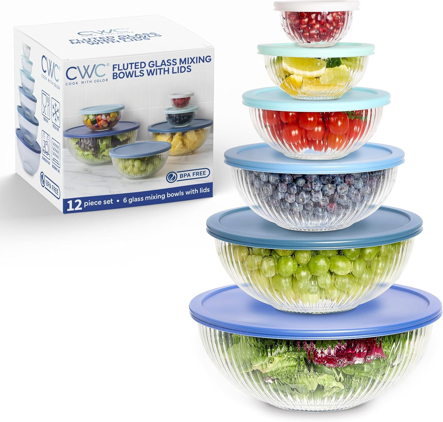 COOK WITH COLOR 12 Pc Glass Mixing Bowl Set with Lids – Borosilicate Glass Nesting Bowls for Cooking, Baking and Meal Prep