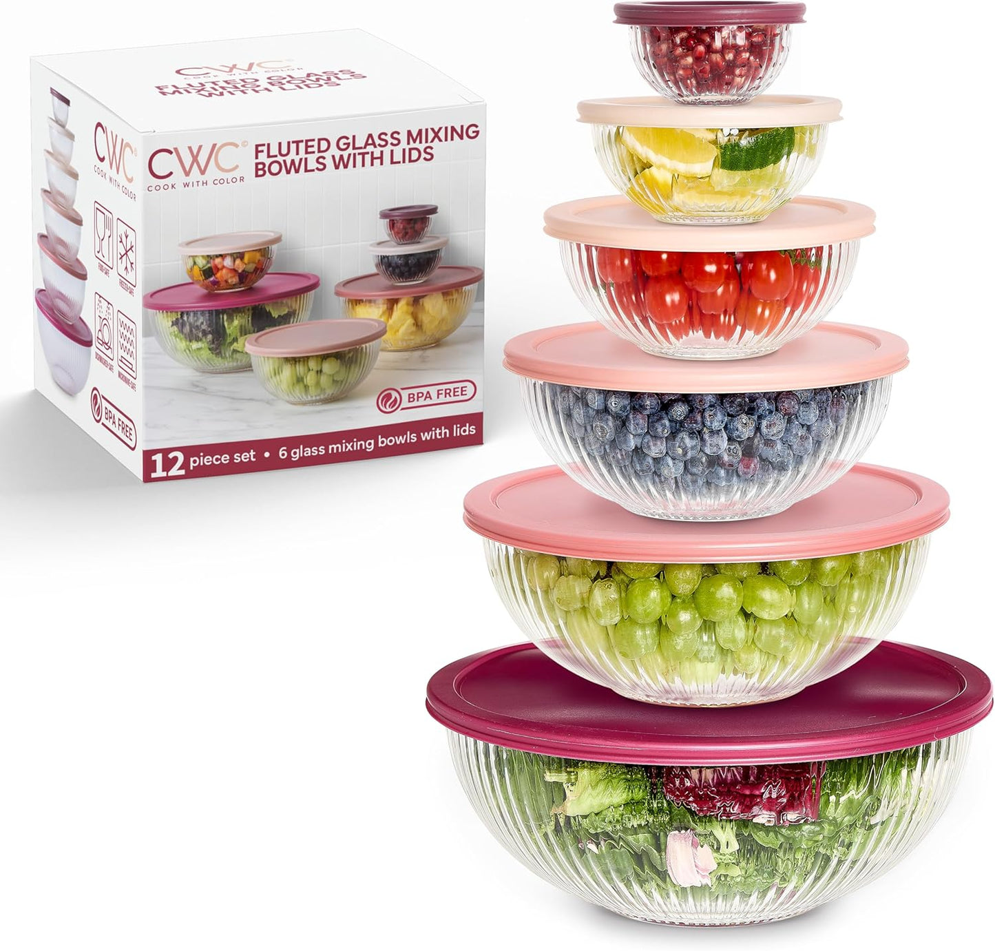 COOK WITH COLOR 12 Pc Glass Mixing Bowl Set with Lids – Borosilicate Glass Nesting Bowls for Cooking, Baking and Meal Prep