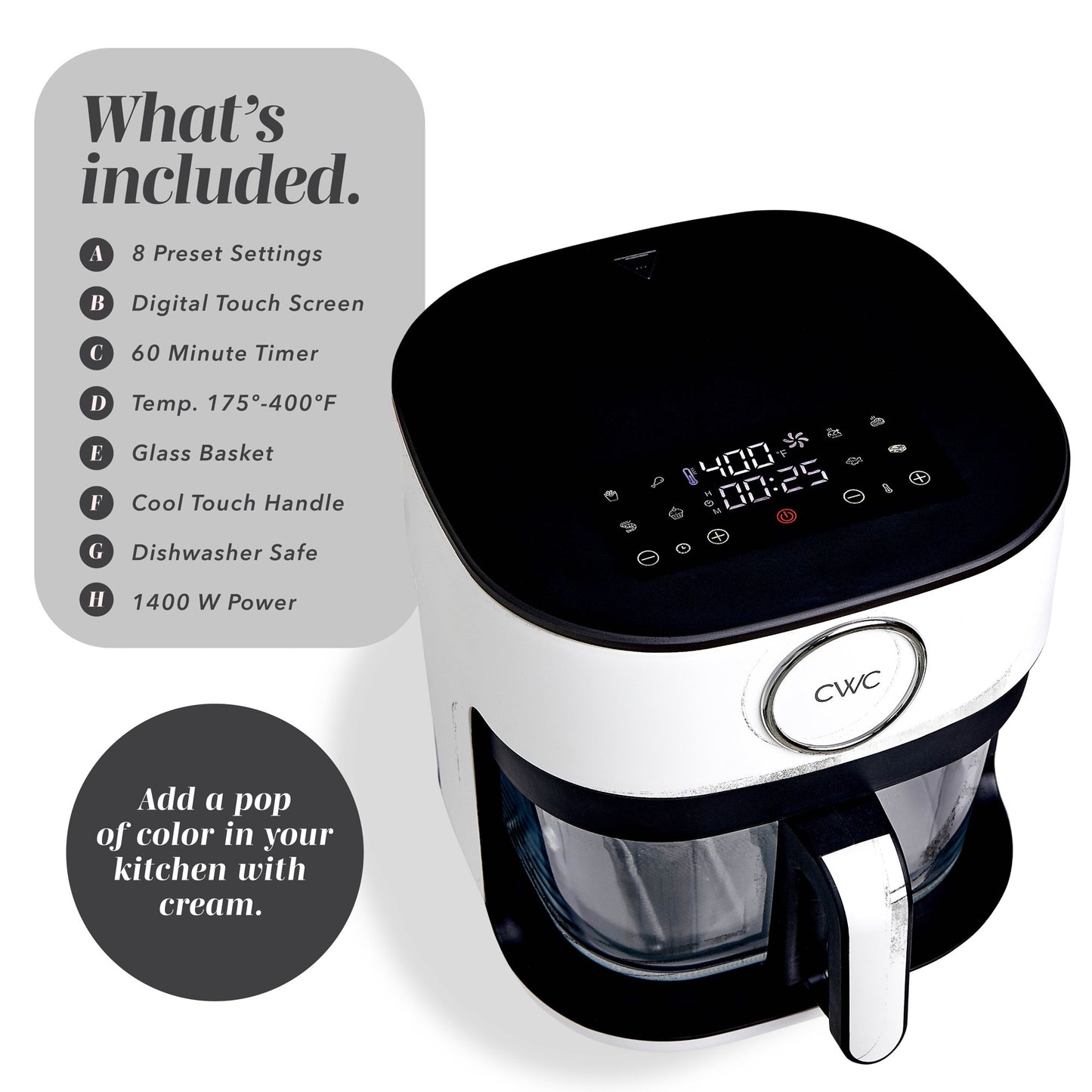 Cook with Color 1200W 4Qt-5.2Qt Air Fryer: Stylish Design, Glass Basket, Dishwasher Safe, Digital Display, 6 Presets - Variable Temp 175°F to 400°F & 60-Min Timer