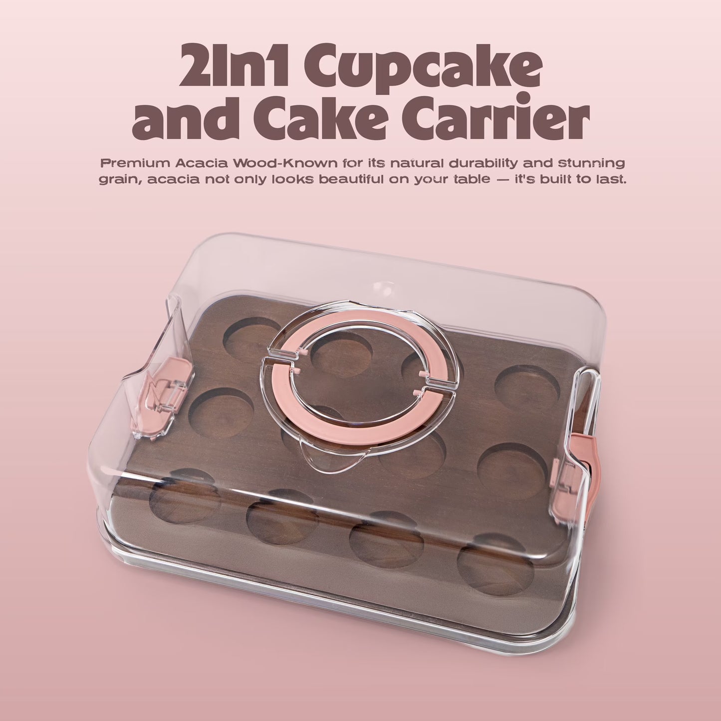Cook with Color Dark Walnut Wood Cake and Cupcake Carrier with Reversible Tray and Locking Lid, Rectangular, Ideal Use for Entertaining and Party Transportation