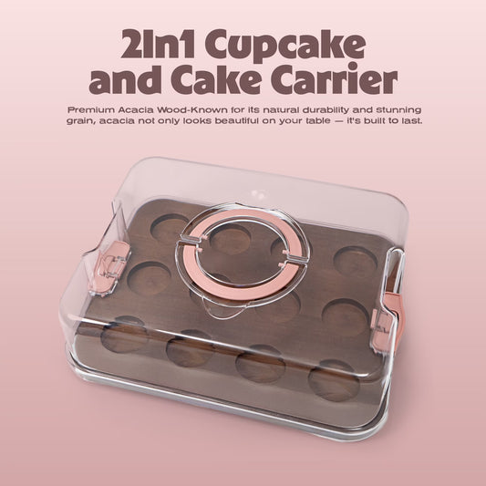 Cook with Color Dark Walnut Wood Cake and Cupcake Carrier with Reversible Tray and Locking Lid, Rectangular, Ideal Use for Entertaining and Party Transportation