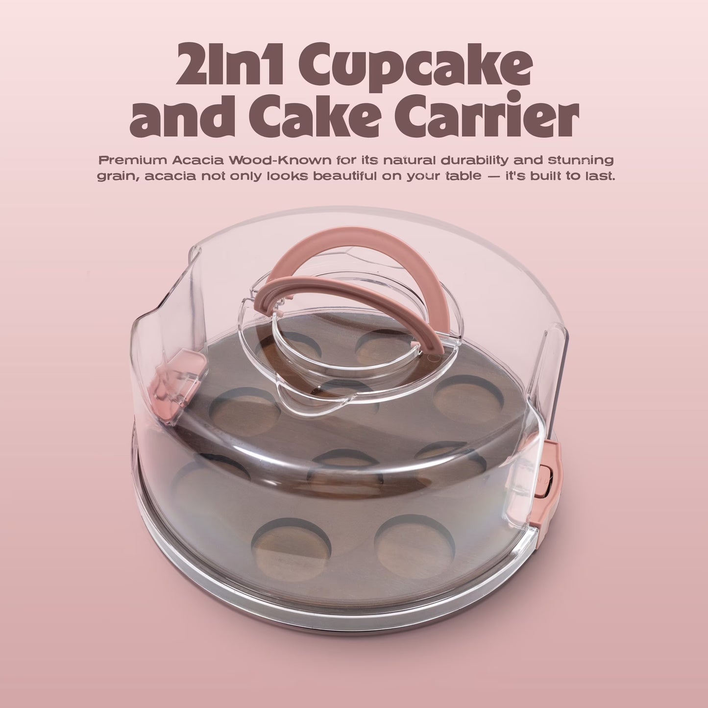 Cook with Color Dark Walnut Cake and Cupcake Carrier with Reversible Tray and Locking Lid, Round, Ideal Use for Entertaining and Party Transportation